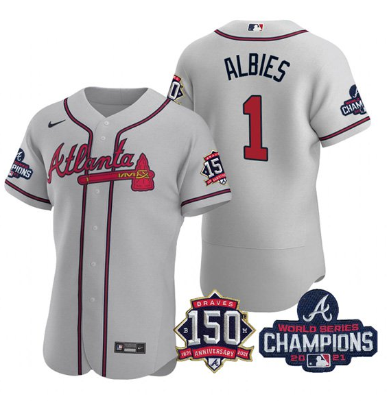Men's Atlanta Braves #1 Ozzie Albies 2021 Grey World Series Champions With 150th Anniversary Flex Base Stitched Jersey